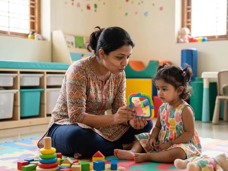Therapist modelling mouth shapes with a mirror to help a toddler with speech delay during a play-based session