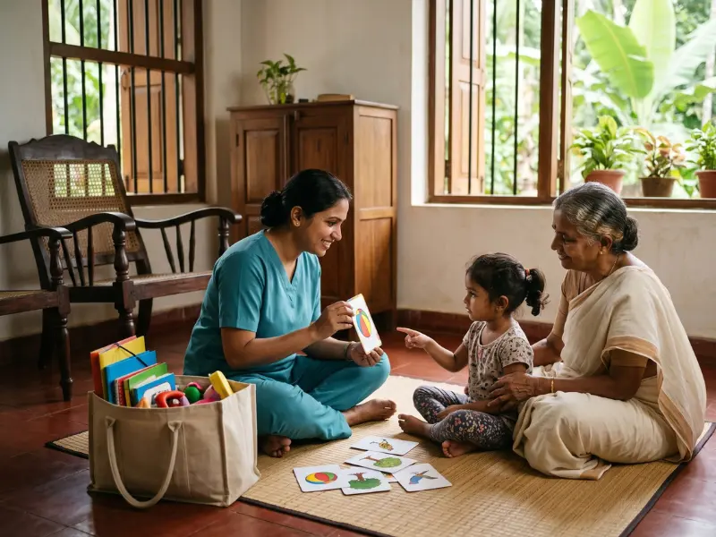 Therapist using picture cards during a home visit speech therapy session with a young girl and her grandmother