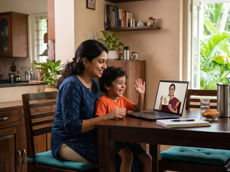Mother and young son joining an online speech therapy session with a therapist on a laptop at home
