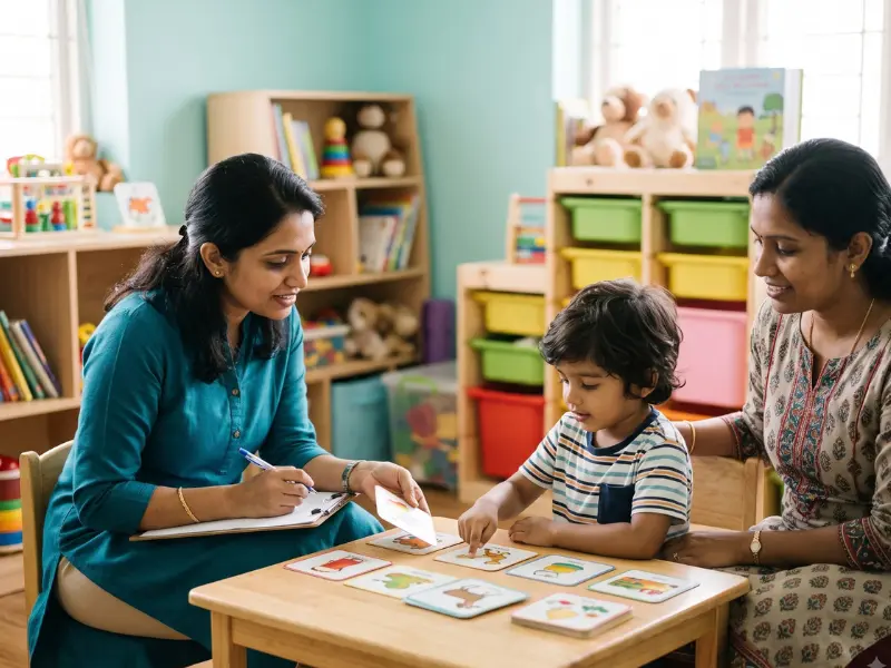Speech therapist in Trivandrum assessing a young boy’s language skills with picture cards while his mother watches
